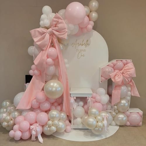 LULUMIKA Pink Bow Balloon Arch Kit 147 Pieces – Double Stuffed Pearl White Sand Balloons for Coquette Birthday Baby Shower Decor