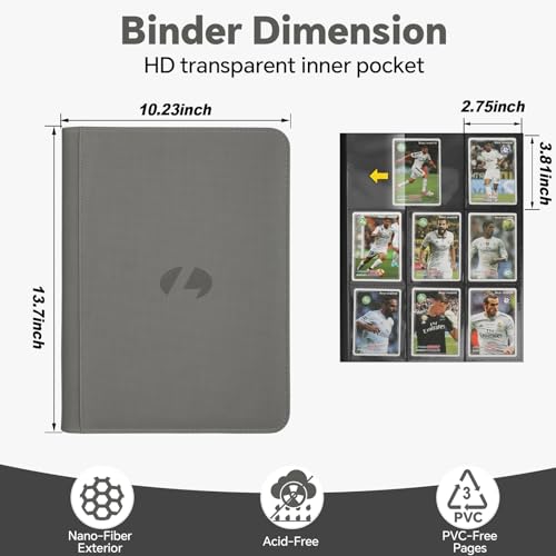 LUNNSHO Trading Card Binder, 540-Pocket Grey PU Album for MTG, TCG, Sports Cards