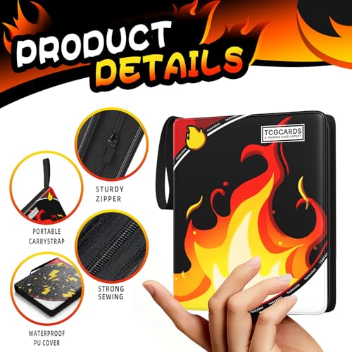 Luporia 4-Pocket Trading Card Binder – Holds 400 Cards, PU Leather, Removable Pages, Water-Resistant Zipper Closure (Fire)