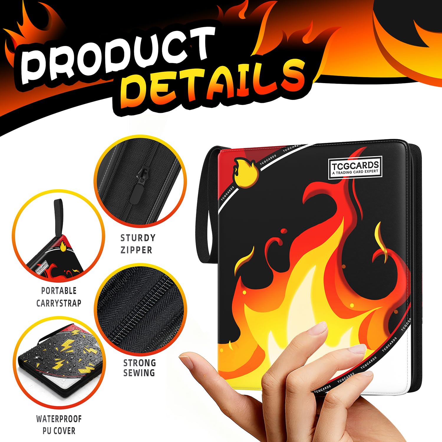 Luporia 4-Pocket Trading Card Binder – Holds 400 Cards, PU Leather, Removable Pages, Water-Resistant Zipper Closure (Fire)