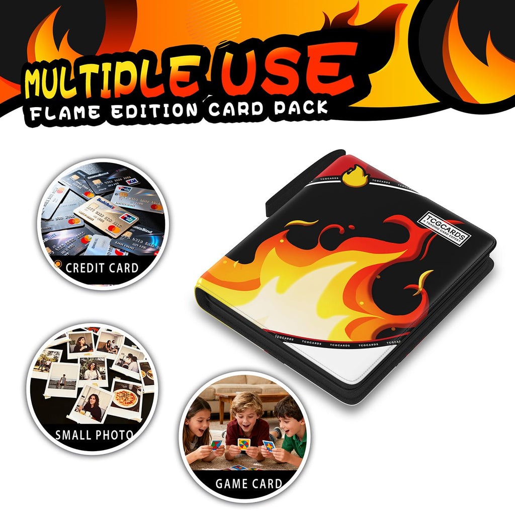 Luporia 4-Pocket Trading Card Binder – Holds 400 Cards, PU Leather, Removable Pages, Water-Resistant Zipper Closure (Fire)