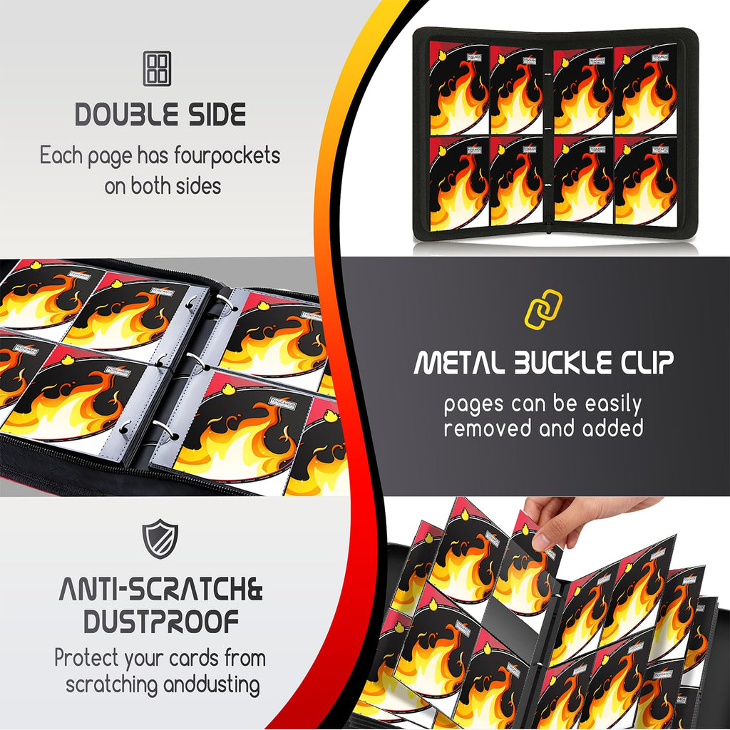 Luporia 4-Pocket Trading Card Binder – Holds 400 Cards, PU Leather, Removable Pages, Water-Resistant Zipper Closure (Fire)