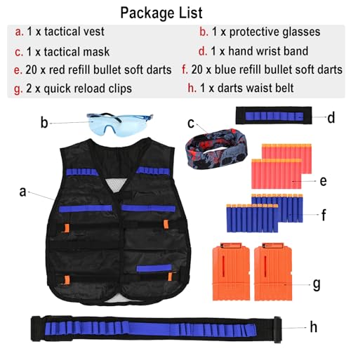 LUUFAN Kids Tactical Vest Kit for Nerf Guns – 40 Darts, Clips, Mask & Glasses