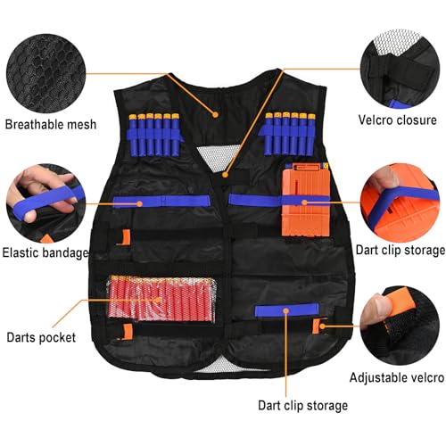 LUUFAN Kids Tactical Vest Kit for Nerf Guns – 40 Darts, Clips, Mask & Glasses