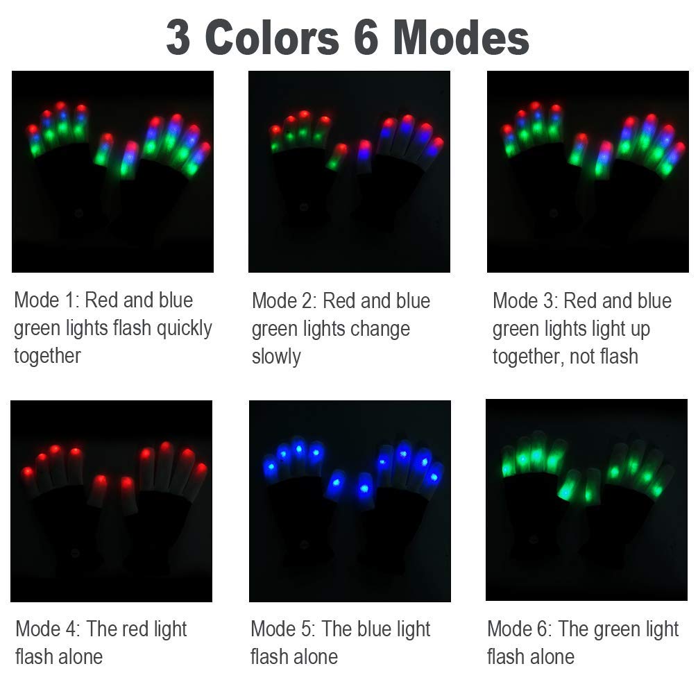 Luwint LED Light Up Gloves for Kids - Glow Finger Lights with 6 Modes, Soft Knit, Batteries Included
