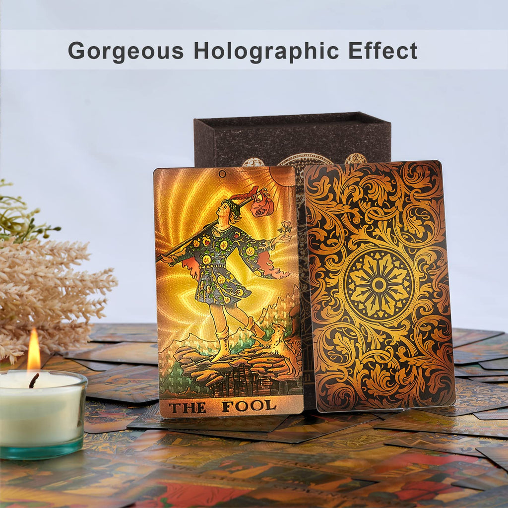 Luxury Gold Foil Tarot Deck – Rimless Borderless Design, Waterproof PVC, 78 Cards with Guidebook for Beginners