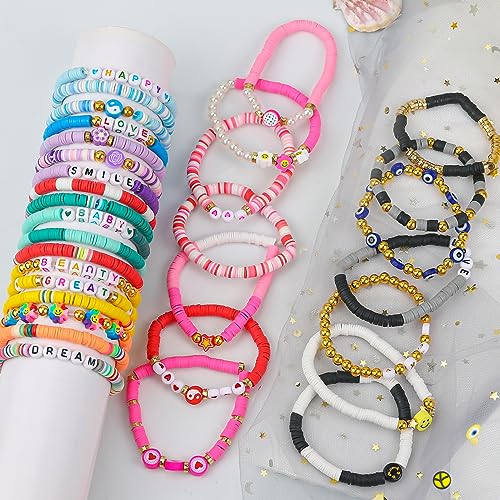 LUYI Preppy Clay Bead Bracelet Set – 32 Colorful Stackable Stretch Bracelets for Women