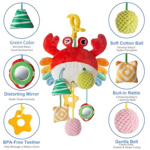 Lynncare Car Seat Toy: Hanging Stroller Clip Toy with Drawstrings, Rattle, Bell, Mirror, and Teether for Infants
