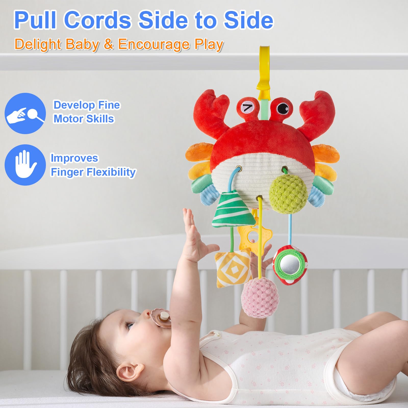 Lynncare Car Seat Toy: Hanging Stroller Clip Toy with Drawstrings, Rattle, Bell, Mirror, and Teether for Infants