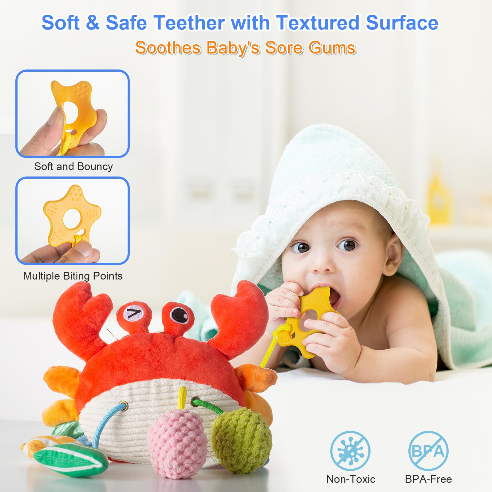 Lynncare Car Seat Toy: Hanging Stroller Clip Toy with Drawstrings, Rattle, Bell, Mirror, and Teether for Infants
