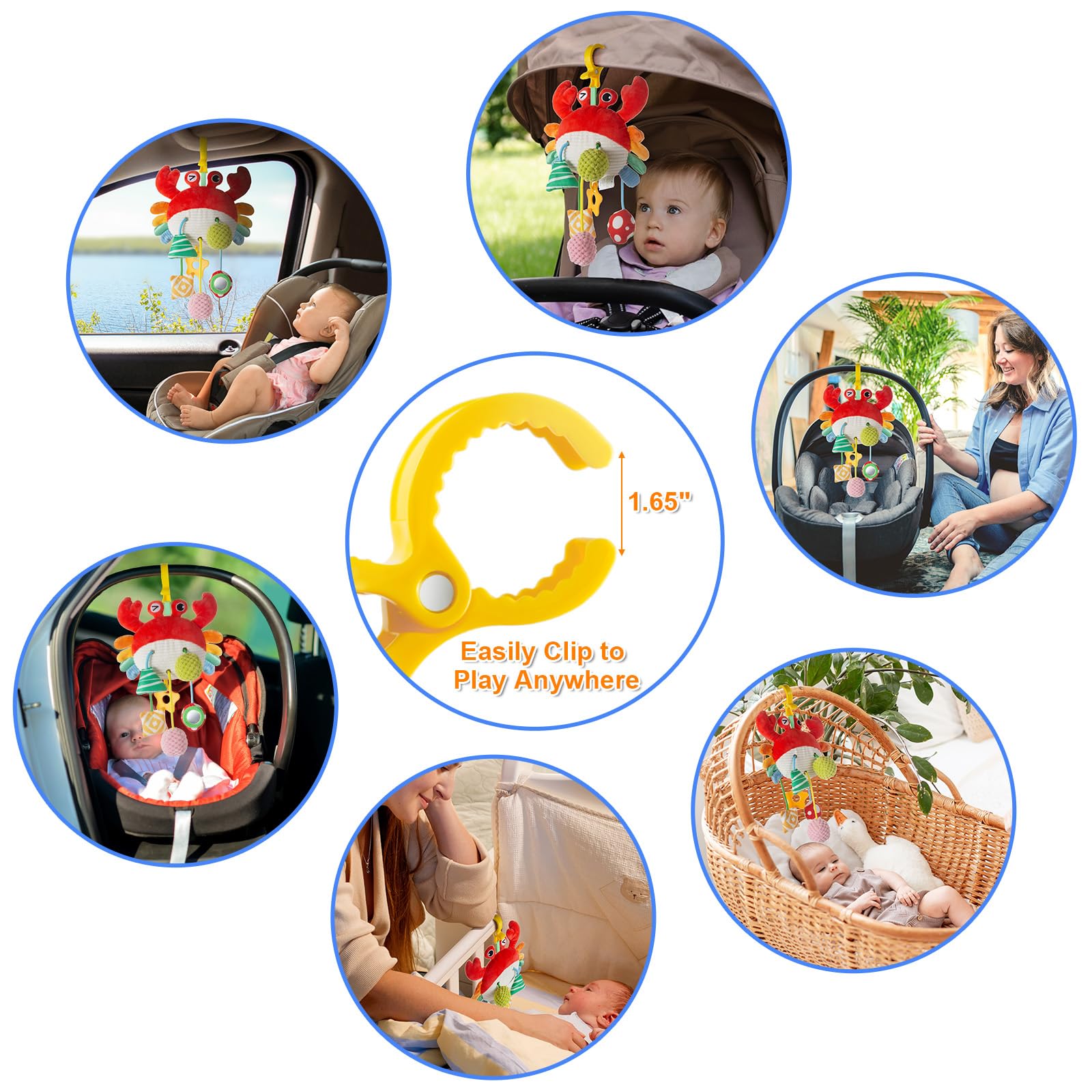 Lynncare Car Seat Toy: Hanging Stroller Clip Toy with Drawstrings, Rattle, Bell, Mirror, and Teether for Infants