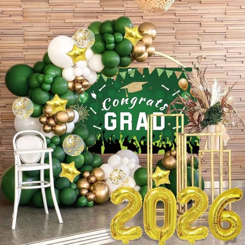 LYVEEF 136PCS Green and Gold Graduation Decorations 2026 - Balloon Arch Kit with Congrats Grad Backdrop for High School & College Party Supplies