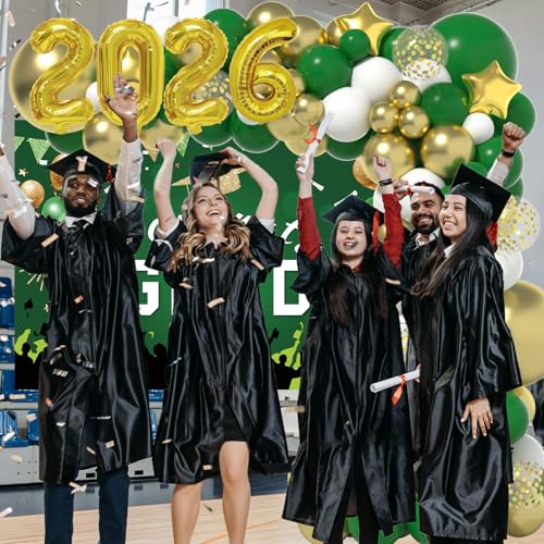LYVEEF 136PCS Green and Gold Graduation Decorations 2026 - Balloon Arch Kit with Congrats Grad Backdrop for High School & College Party Supplies