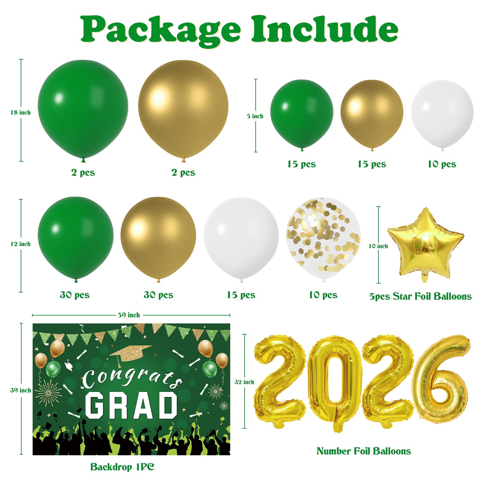 LYVEEF 136PCS Green and Gold Graduation Decorations 2026 - Balloon Arch Kit with Congrats Grad Backdrop for High School & College Party Supplies