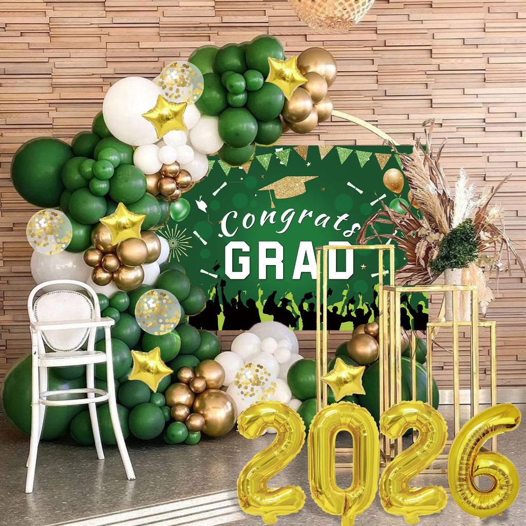 LYVEEF 136PCS Green and Gold Graduation Decorations 2026 - Balloon Arch Kit with Congrats Grad Backdrop for High School & College Party Supplies