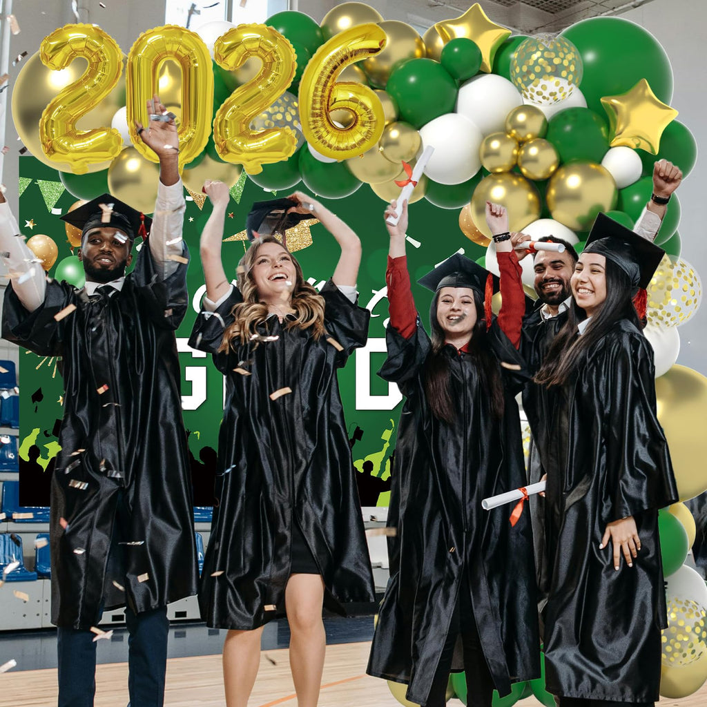 LYVEEF 136PCS Green and Gold Graduation Decorations 2026 - Balloon Arch Kit with Congrats Grad Backdrop for High School & College Party Supplies