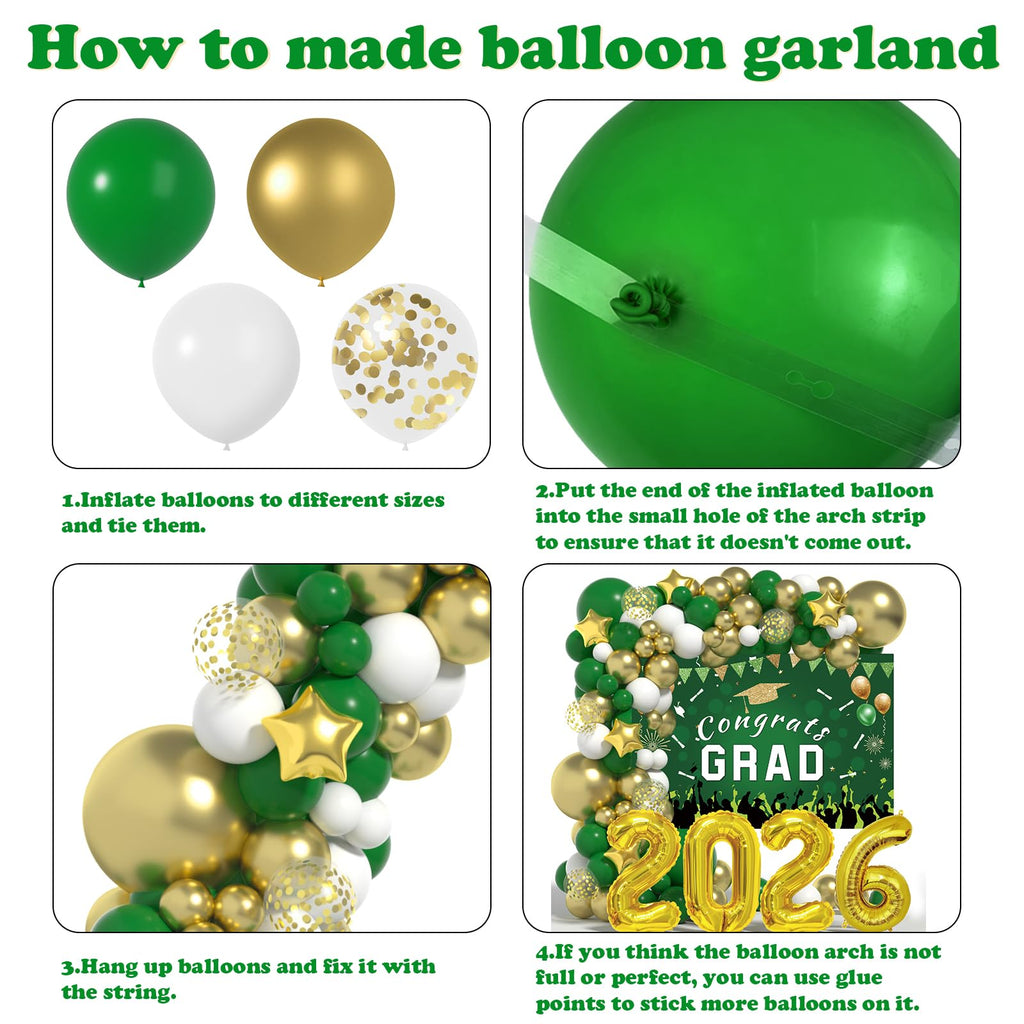 LYVEEF 136PCS Green and Gold Graduation Decorations 2026 - Balloon Arch Kit with Congrats Grad Backdrop for High School & College Party Supplies