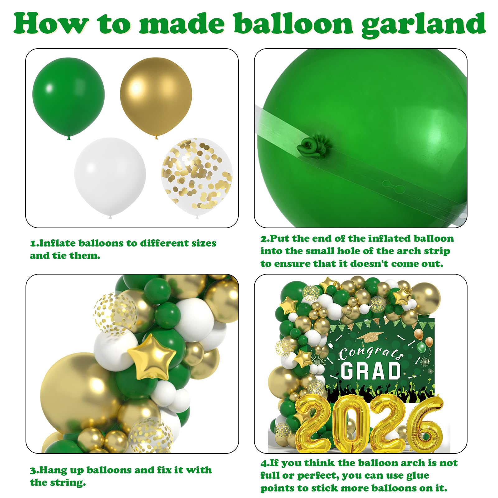 LYVEEF 136PCS Green and Gold Graduation Decorations 2026 - Balloon Arch Kit with Congrats Grad Backdrop for High School & College Party Supplies