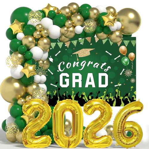 LYVEEF 136PCS Green and Gold Graduation Decorations 2026 - Balloon Arch Kit with Congrats Grad Backdrop for High School & College Party Supplies