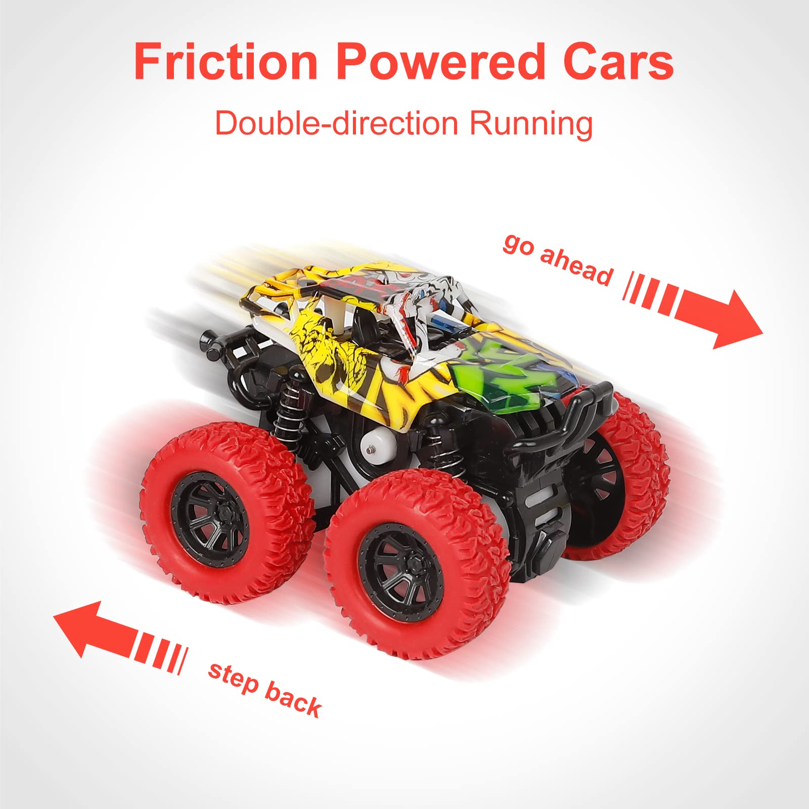M SANMERSEN 2-Pack Monster Truck Toys – 360° Rotating Stunt Cars, Friction Powered, No Batteries Needed for Kids Ages 3-6