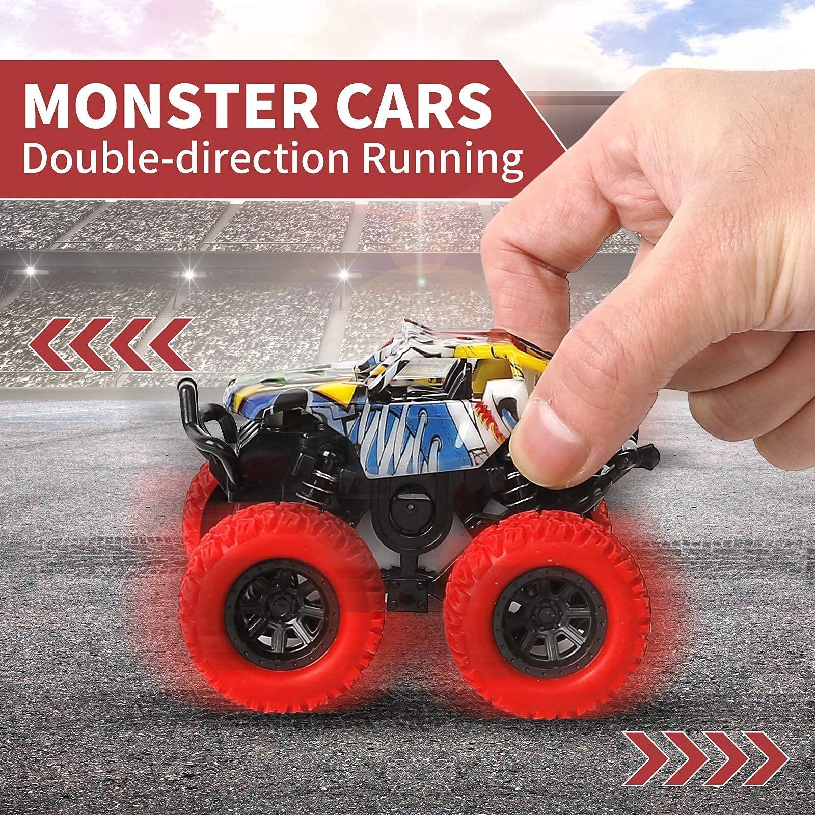 M SANMERSEN 2-Pack Monster Truck Toys – 360° Rotating Stunt Cars, Friction Powered, No Batteries Needed for Kids Ages 3-6
