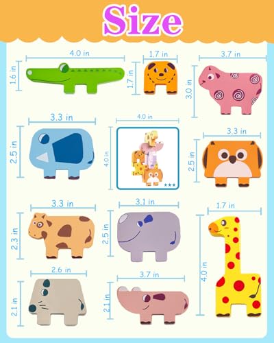 Maaacute Wooden Animal Stacking Blocks - Montessori Sorting Toy for 1-3 Year Olds, 10 Pieces with Challenge Cards
