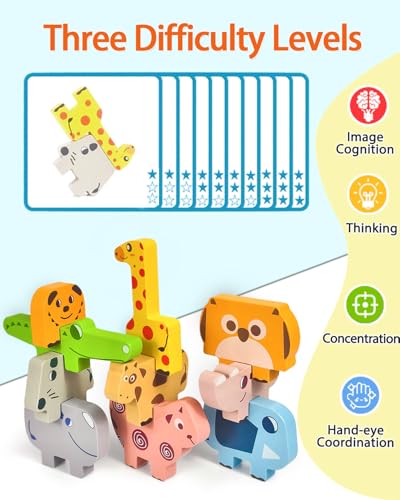 Maaacute Wooden Animal Stacking Blocks - Montessori Sorting Toy for 1-3 Year Olds, 10 Pieces with Challenge Cards