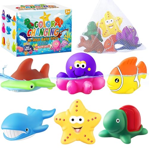 MACALOCA Color Changing No Hole Bath Toys - 6 Sea Animals with Drying Bag