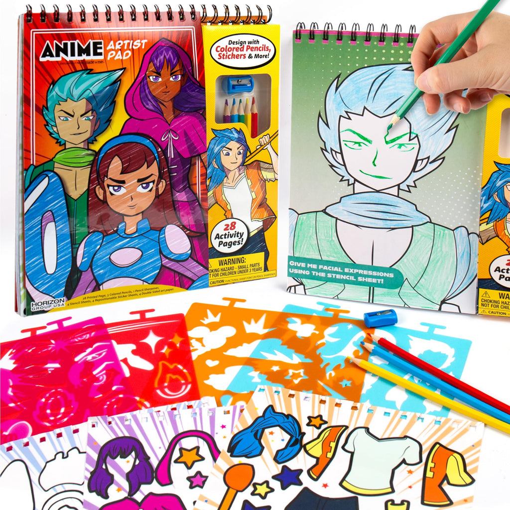 Made By Me Anime Artist Pad – 28-Page Manga Coloring Book with Colored Pencils, Stickers & Stencils