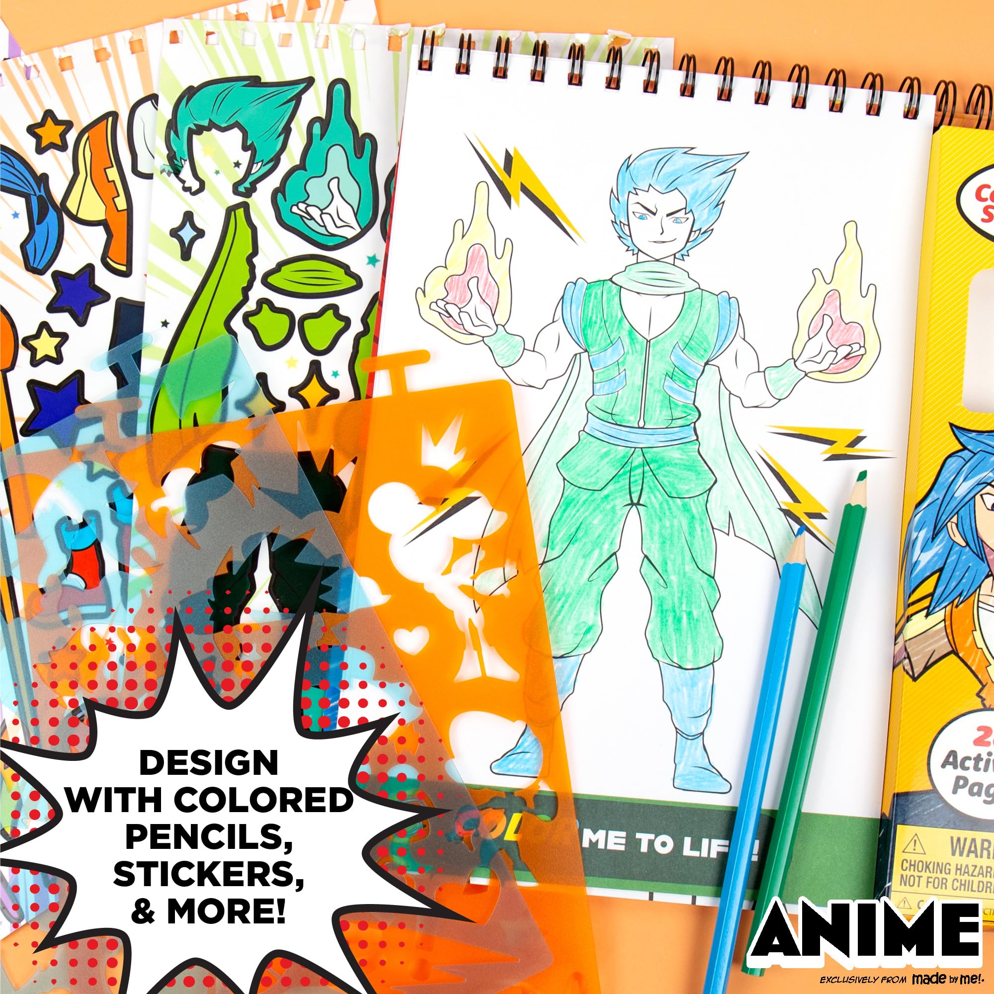 Made By Me Anime Artist Pad – 28-Page Manga Coloring Book with Colored Pencils, Stickers & Stencils