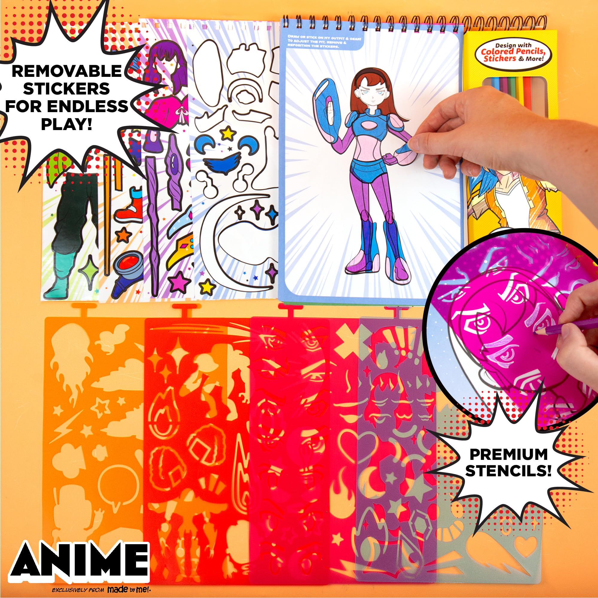 Made By Me Anime Artist Pad – 28-Page Manga Coloring Book with Colored Pencils, Stickers & Stencils