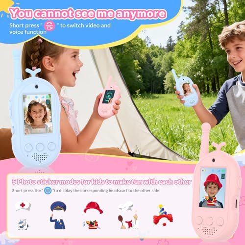 mafiti Kids Video Walkie Talkies 2 Pack - Rechargeable with Voice Changer & Sticker Effects, 1000ft Range, Blue+Pink, Gifts for Boys Girls Ages 3-12