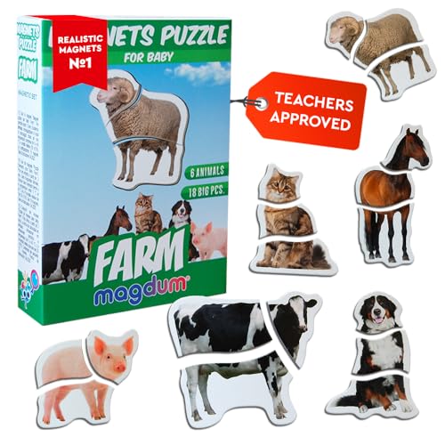 magdum Magnetic Farm Puzzle for Toddlers – 6 Large Animal Puzzles (18 Pieces) for Fridge or Travel