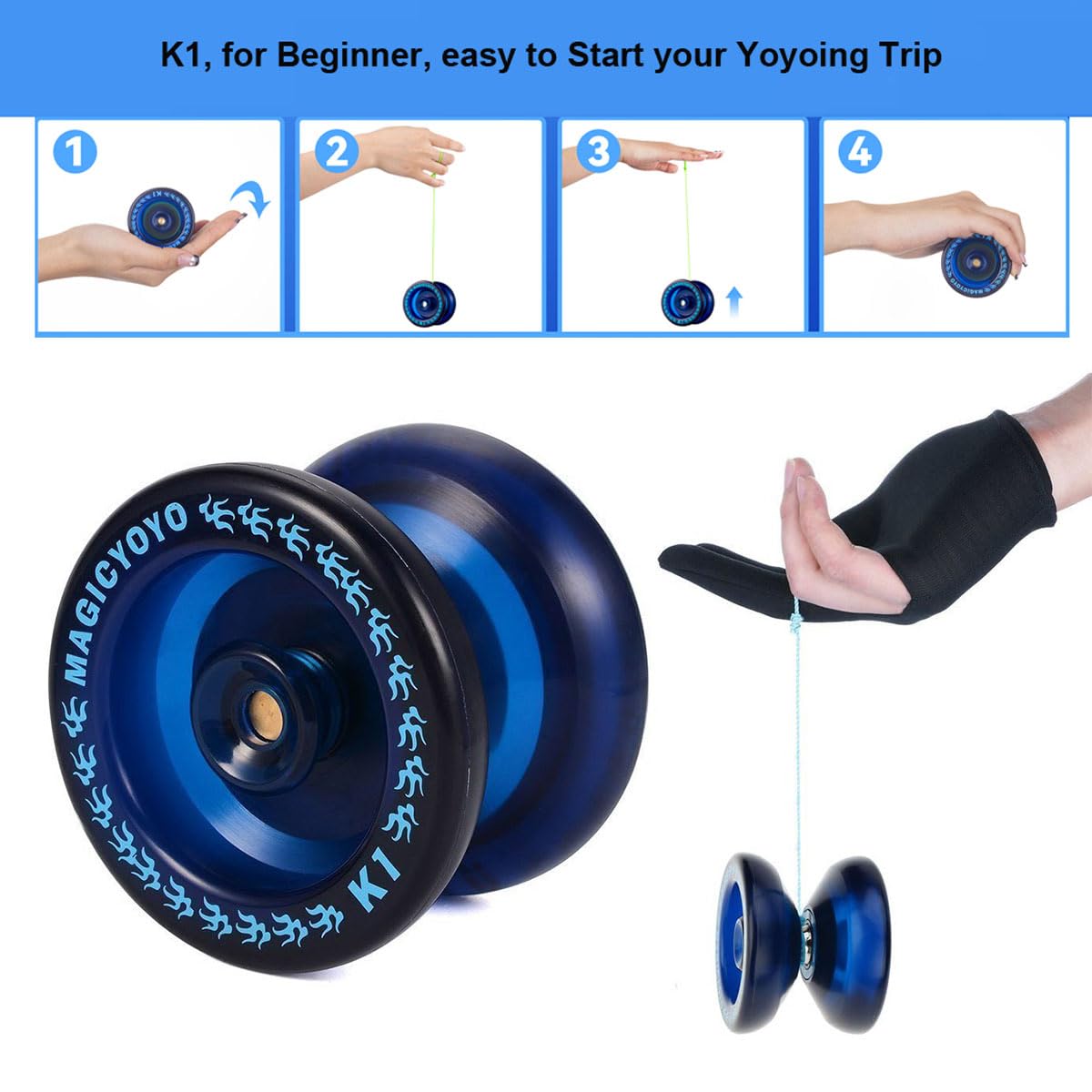 MAGICYOYO K1 Responsive Yoyo – Navy Blue, ABS Plastic, with 5 Strings, Bag, Glove, Hubstacks for Beginners & Intermediate