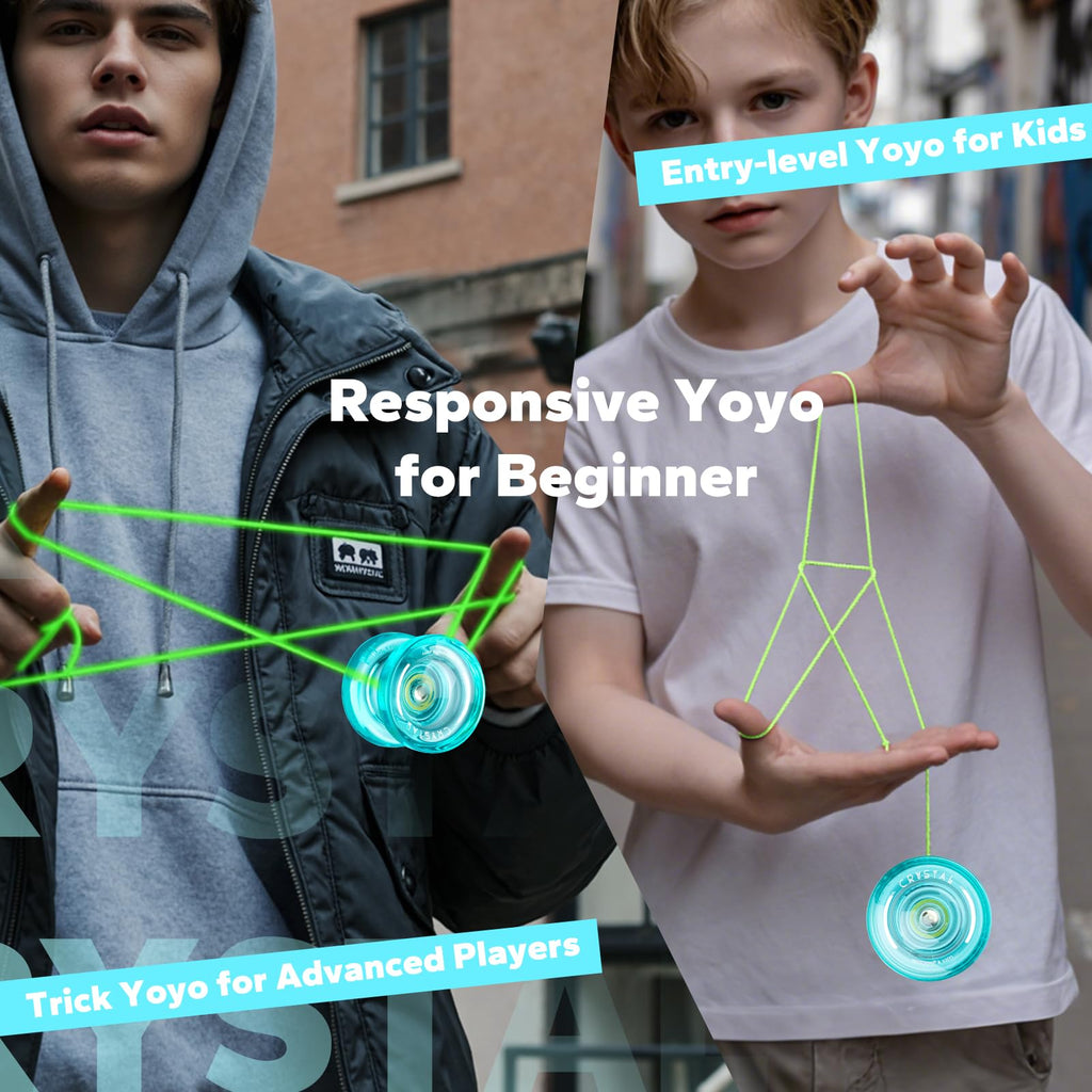 MAGICYOYO K2 Crystal Finger Spin Yoyo - Responsive Beginner Yo-yo for Kids 8-12, Durable PC Plastic with 12 Strings, Glove & Bag (Crystal Green)