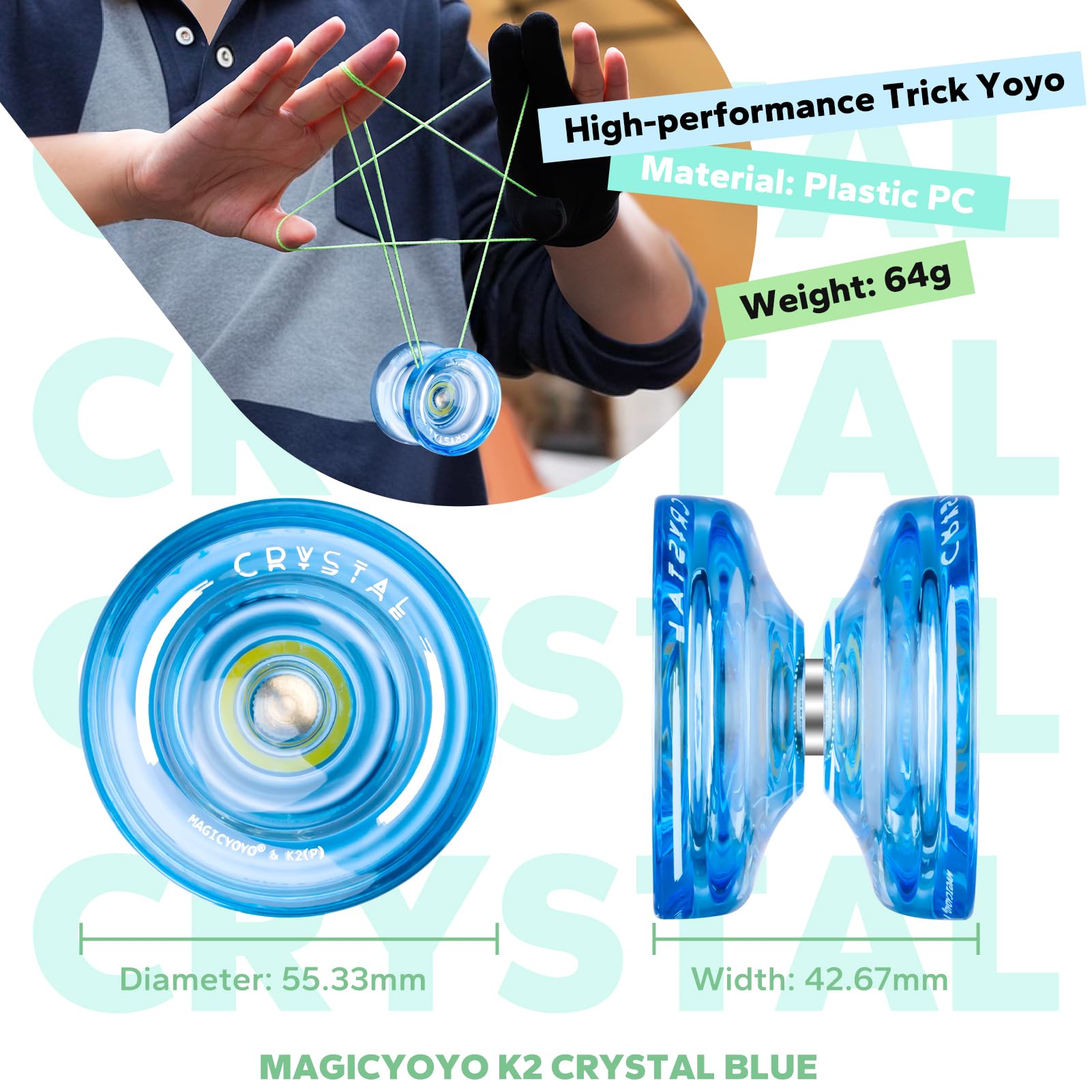 MAGICYOYO K2 Crystal Yoyo for Kids & Beginners – Durable PC Plastic, Finger Spin Hub, Responsive, 12 Strings, Glove & Bag (Crystal Blue)