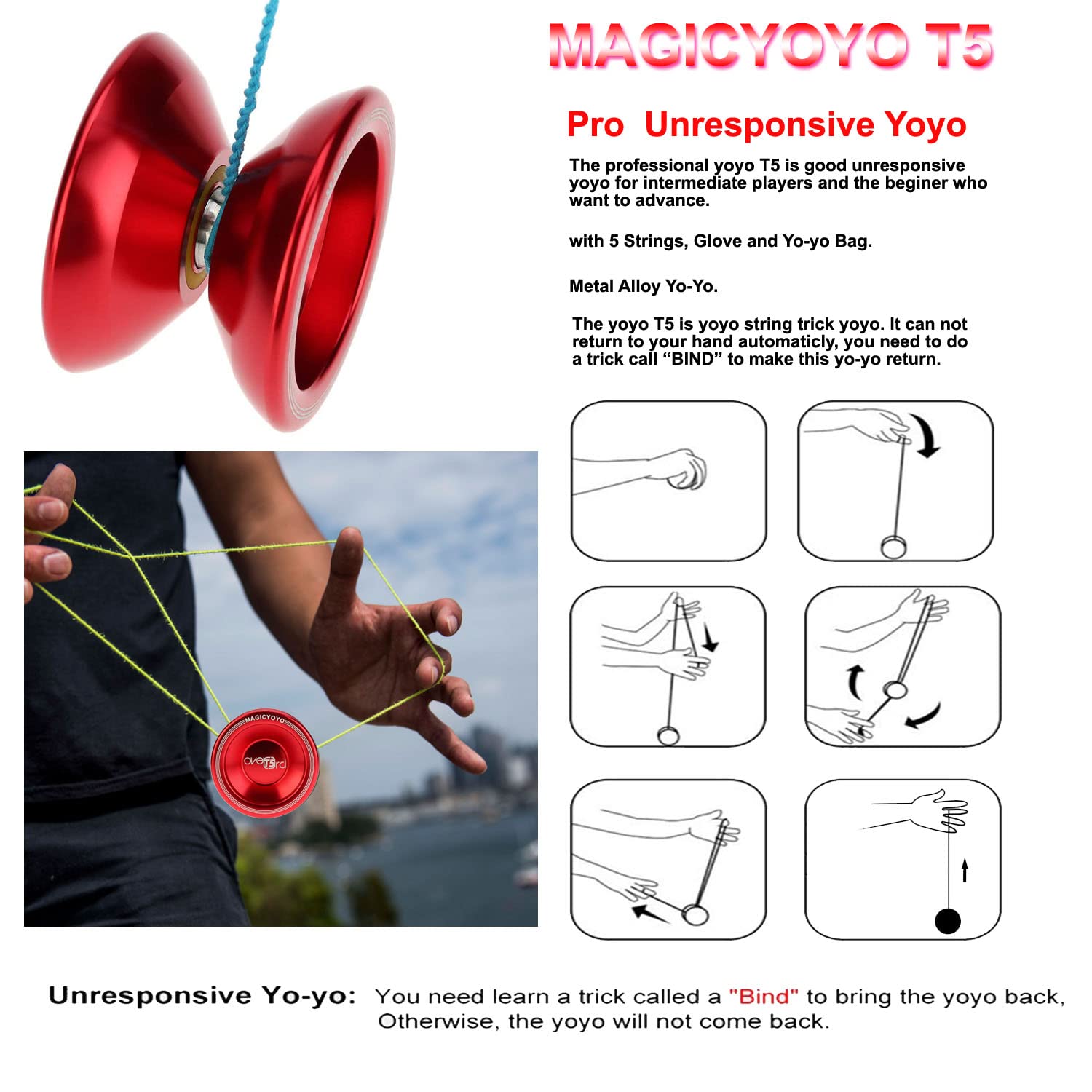 MAGICYOYO T5 Overlord Unresponsive Yoyo - 6061 Aluminum, 12 Strings, Glove & Bag