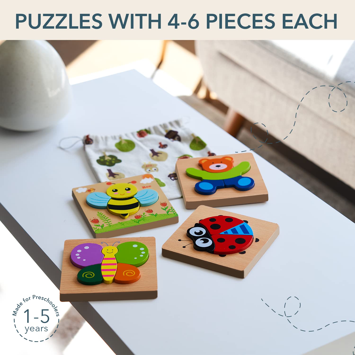 MAGIFIRE Wooden Puzzles Set of 4 – Animal Toddler Puzzles with Chunky Pieces and Storage Bag for Ages 1-3