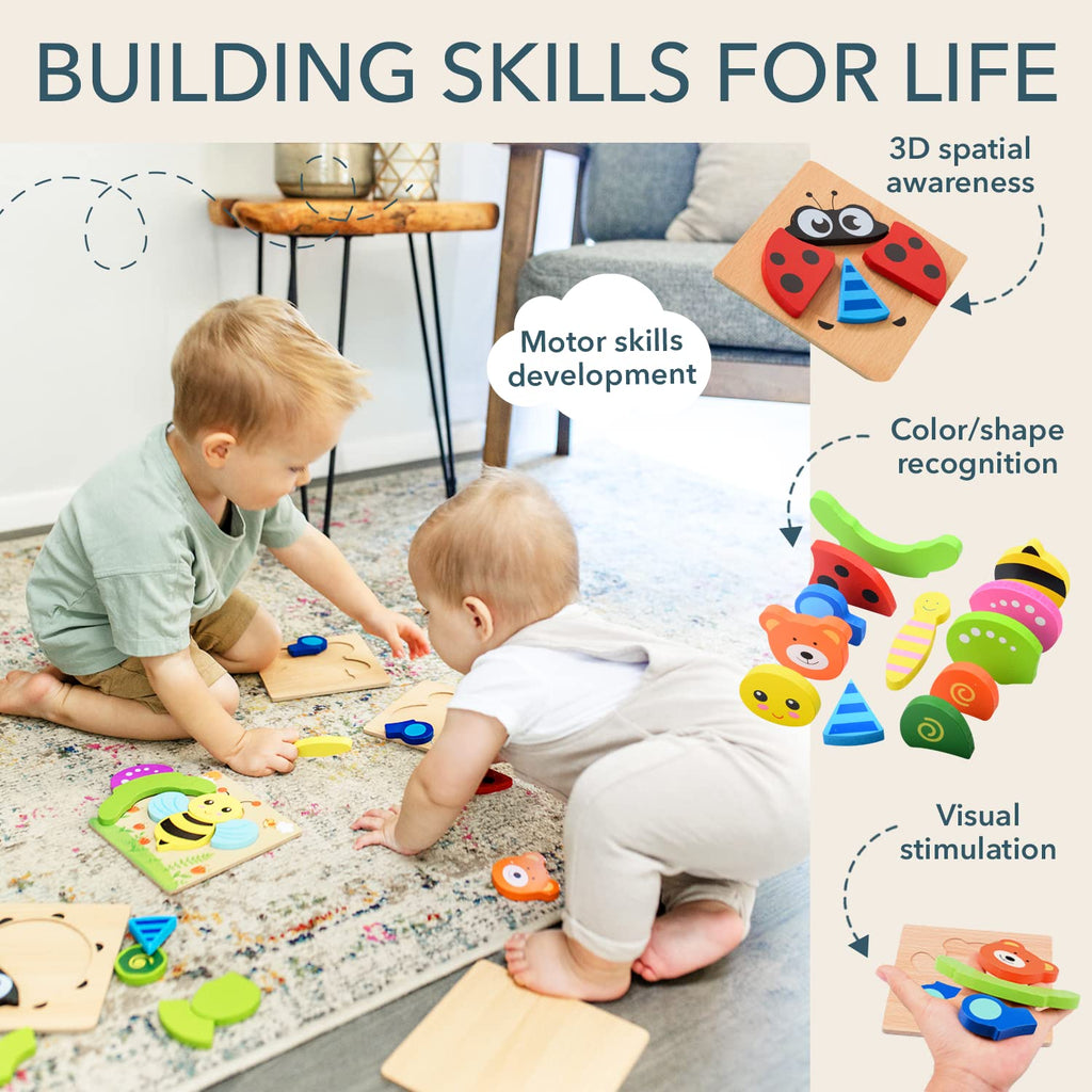 MAGIFIRE Wooden Puzzles Set of 4 – Animal Toddler Puzzles with Chunky Pieces and Storage Bag for Ages 1-3
