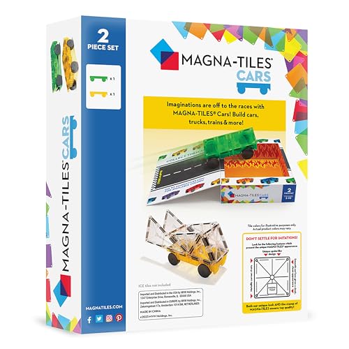 MAGNA-TILES Cars – Green & Yellow 2-Piece Magnetic Building Set – Build Cars, Trucks, Trains