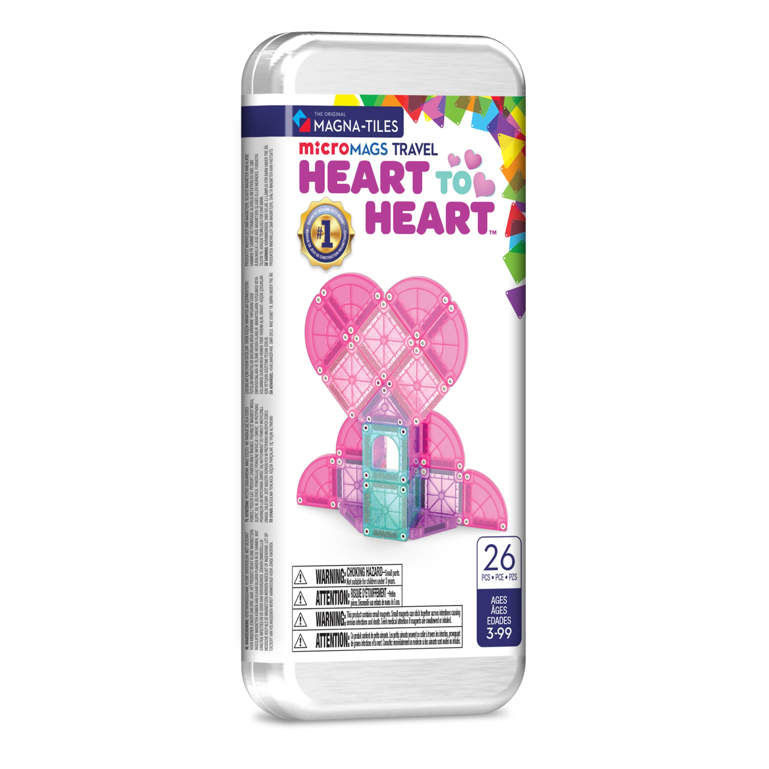 MAGNA-TILES microMAGS Heart to Heart 26-Piece Travel Set – Pink & Teal Magnetic Building Tiles with Glitter