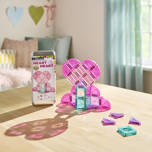 MAGNA-TILES microMAGS Heart to Heart 26-Piece Travel Set – Pink & Teal Magnetic Building Tiles with Glitter