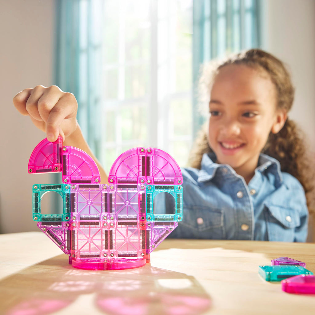 MAGNA-TILES microMAGS Heart to Heart 26-Piece Travel Set – Pink & Teal Magnetic Building Tiles with Glitter