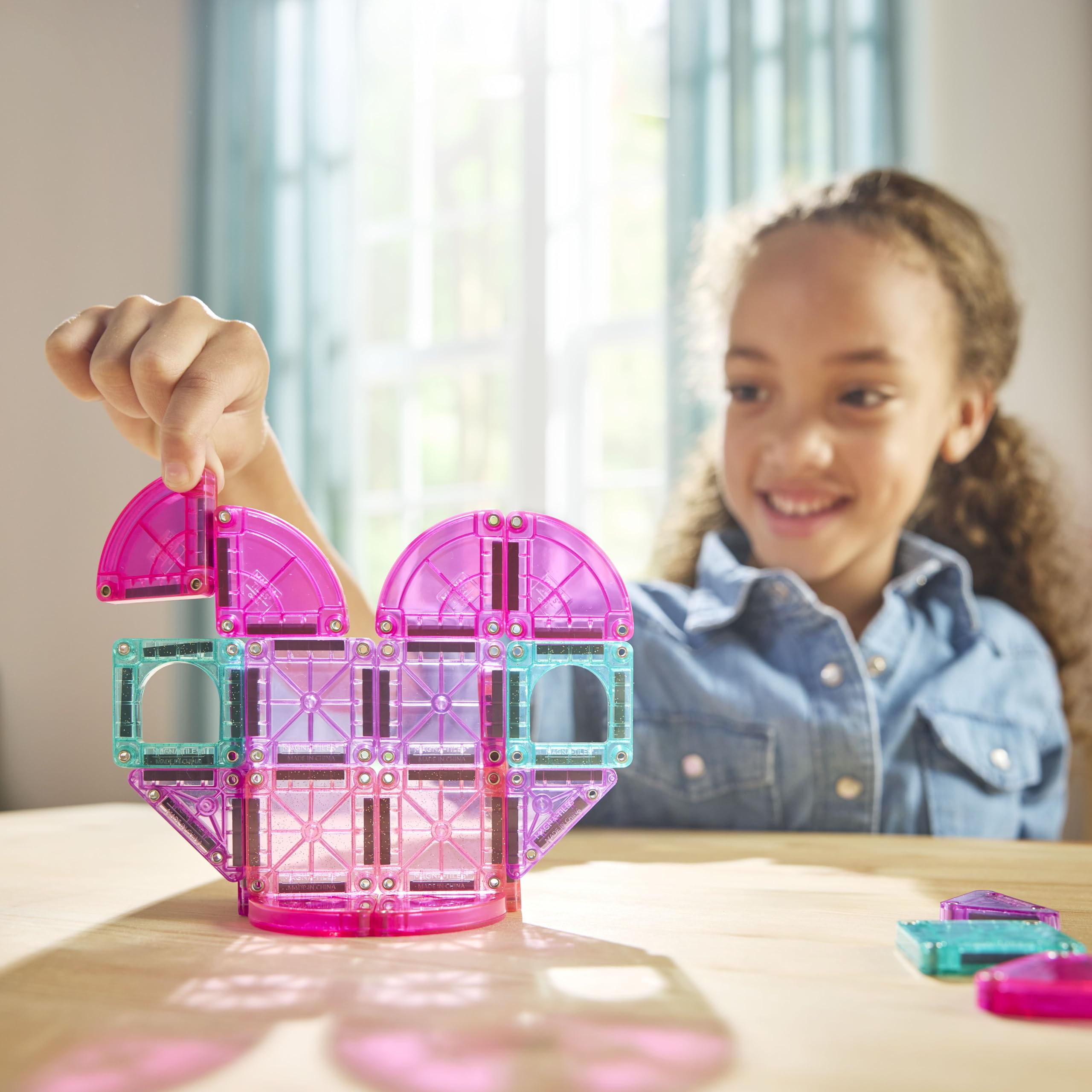 MAGNA-TILES microMAGS Heart to Heart 26-Piece Travel Set – Pink & Teal Magnetic Building Tiles with Glitter
