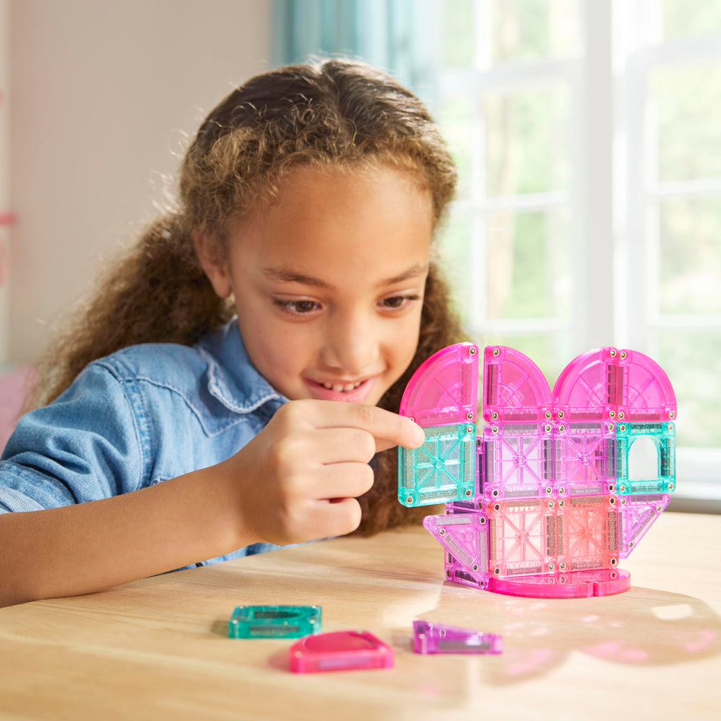 MAGNA-TILES microMAGS Heart to Heart 26-Piece Travel Set – Pink & Teal Magnetic Building Tiles with Glitter
