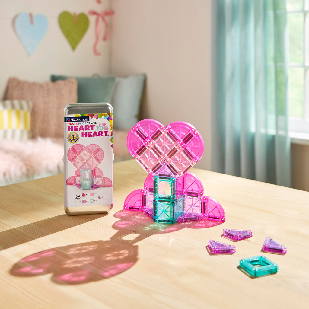 MAGNA-TILES microMAGS Heart to Heart 26-Piece Travel Set – Pink & Teal Magnetic Building Tiles with Glitter