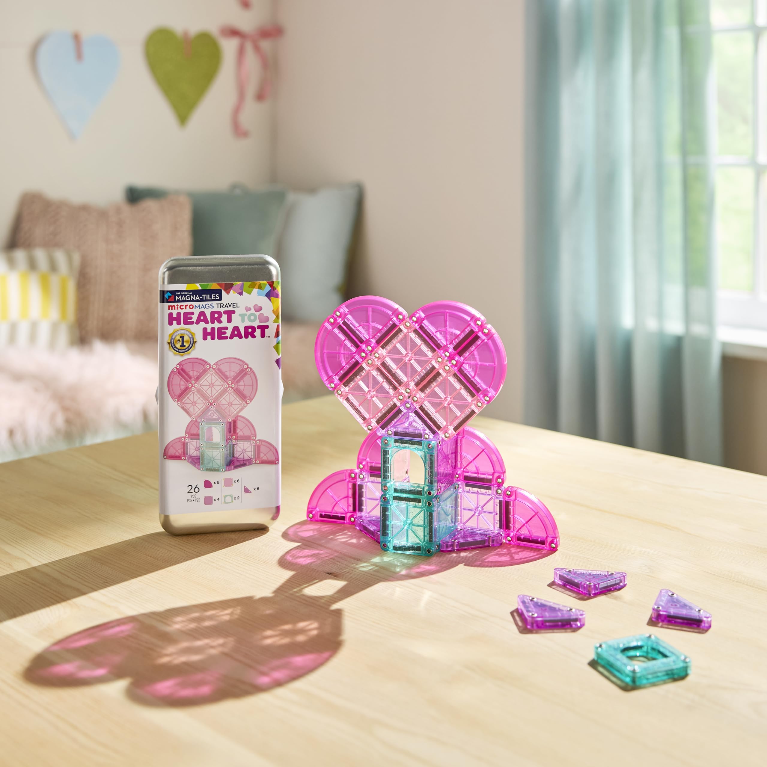 MAGNA-TILES microMAGS Heart to Heart 26-Piece Travel Set – Pink & Teal Magnetic Building Tiles with Glitter