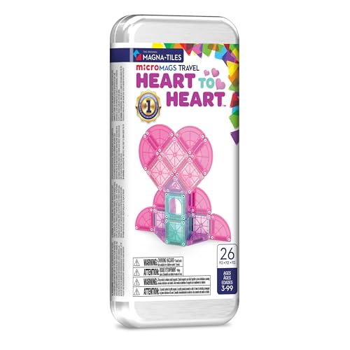 MAGNA-TILES microMAGS Heart to Heart 26-Piece Travel Set – Pink & Teal Magnetic Building Tiles with Glitter