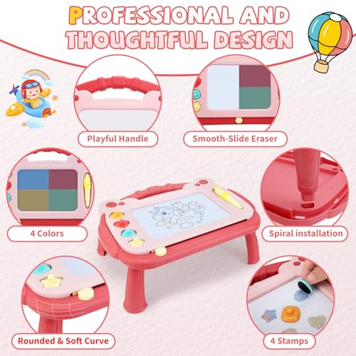 Magnetic Drawing Board for Toddlers 3-5 - Portable Doodle Pad with Pen Tether, 4 Colors, and Stamps (Red)