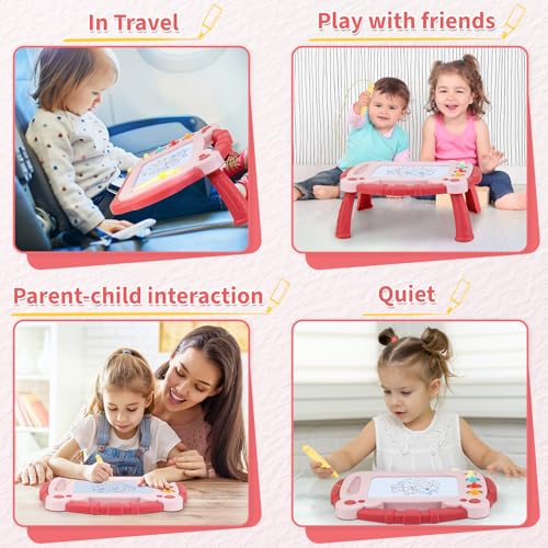 Magnetic Drawing Board for Toddlers 3-5 - Portable Doodle Pad with Pen Tether, 4 Colors, and Stamps (Red)